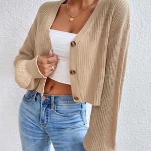 NWTs Shein Essnce SXY Solid Drop Shoulder Button Up Crop Cardigan Sweater